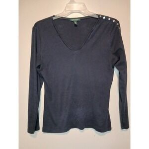 Lauren Ralph Lauren Women Long Sleeve Top Shoulder Button Detail Black‎ L